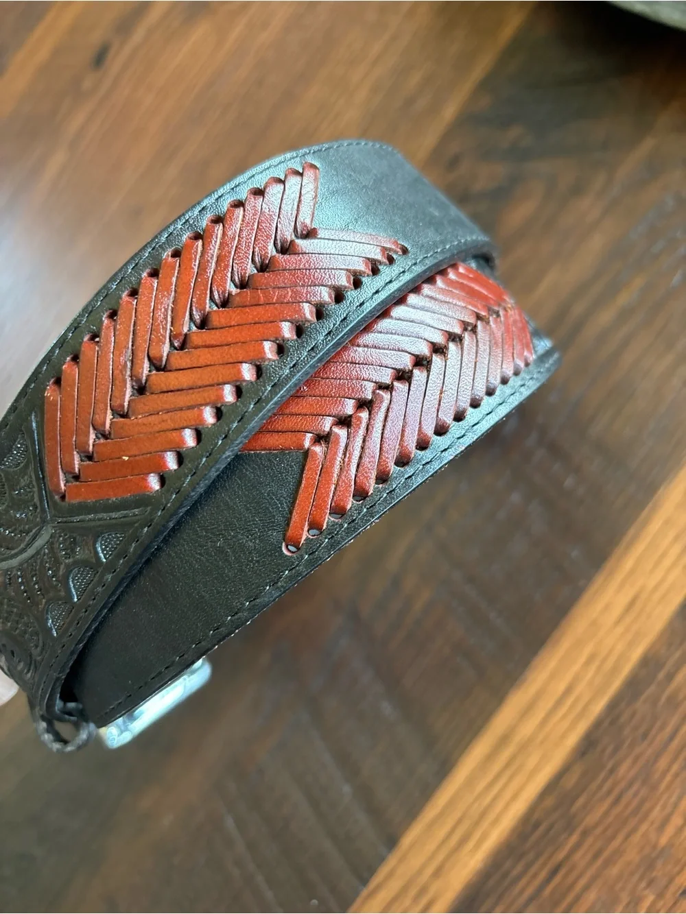 Western Hand Tooled Leather Rodeo Black/Brown Leather Belt, Cowboy, Unisex 34